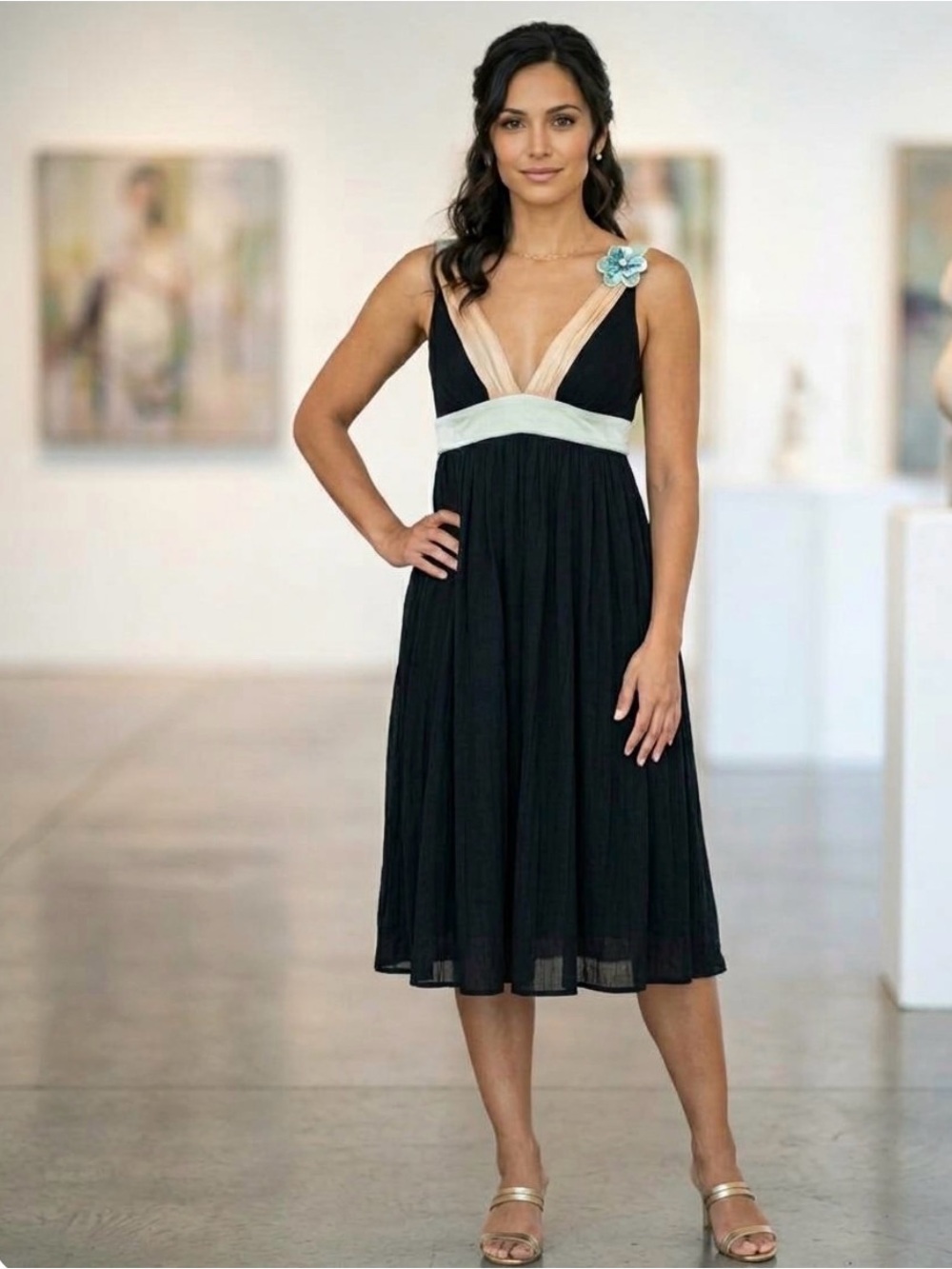 Tufi Duek silk halter dress trimmed in seafoam velvet and creamy tulle